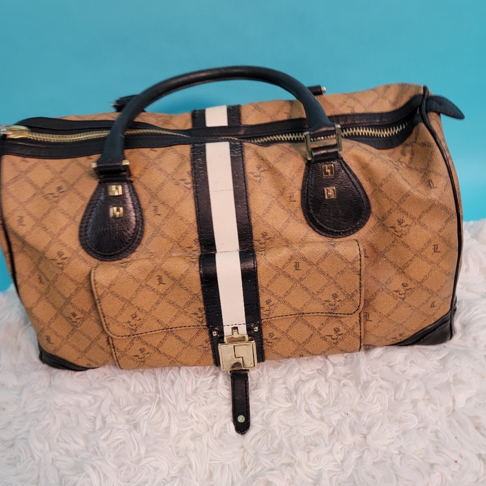 Authentic L.A.M.B. Monogram Stripe Kingston Dome Black Leather Shoulder Bag
